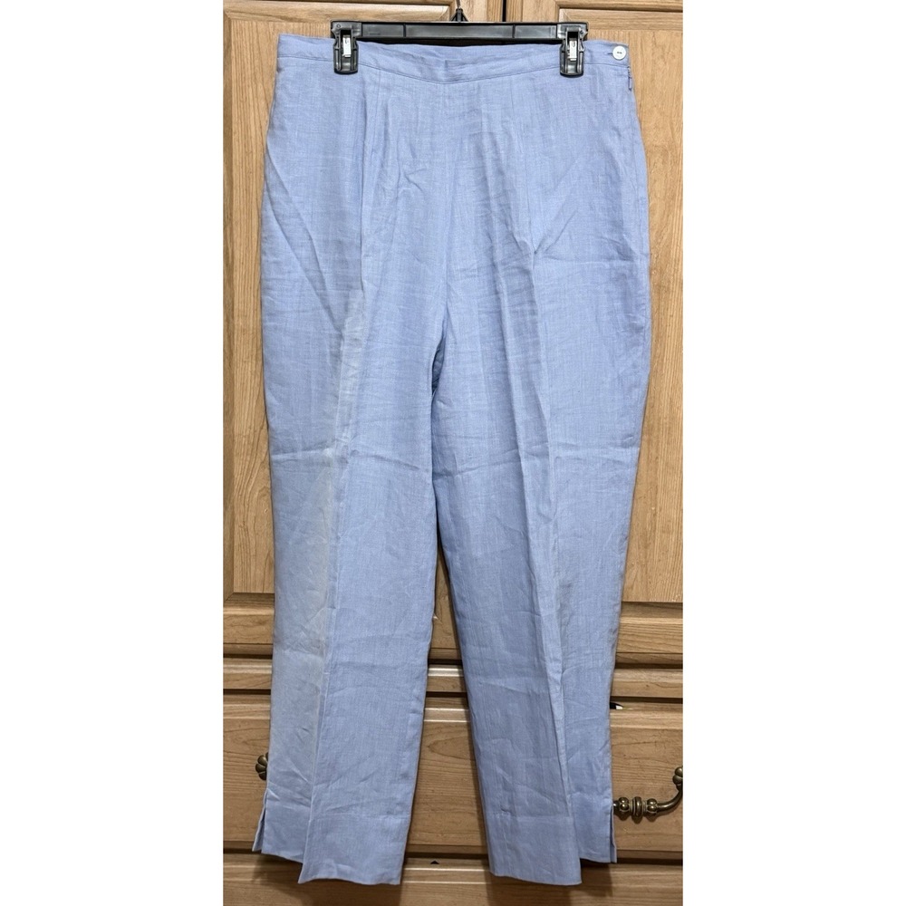 Carole Little 100% Linen Pants Women's Size 14W Blue Side Zip Slit Elastic Waist